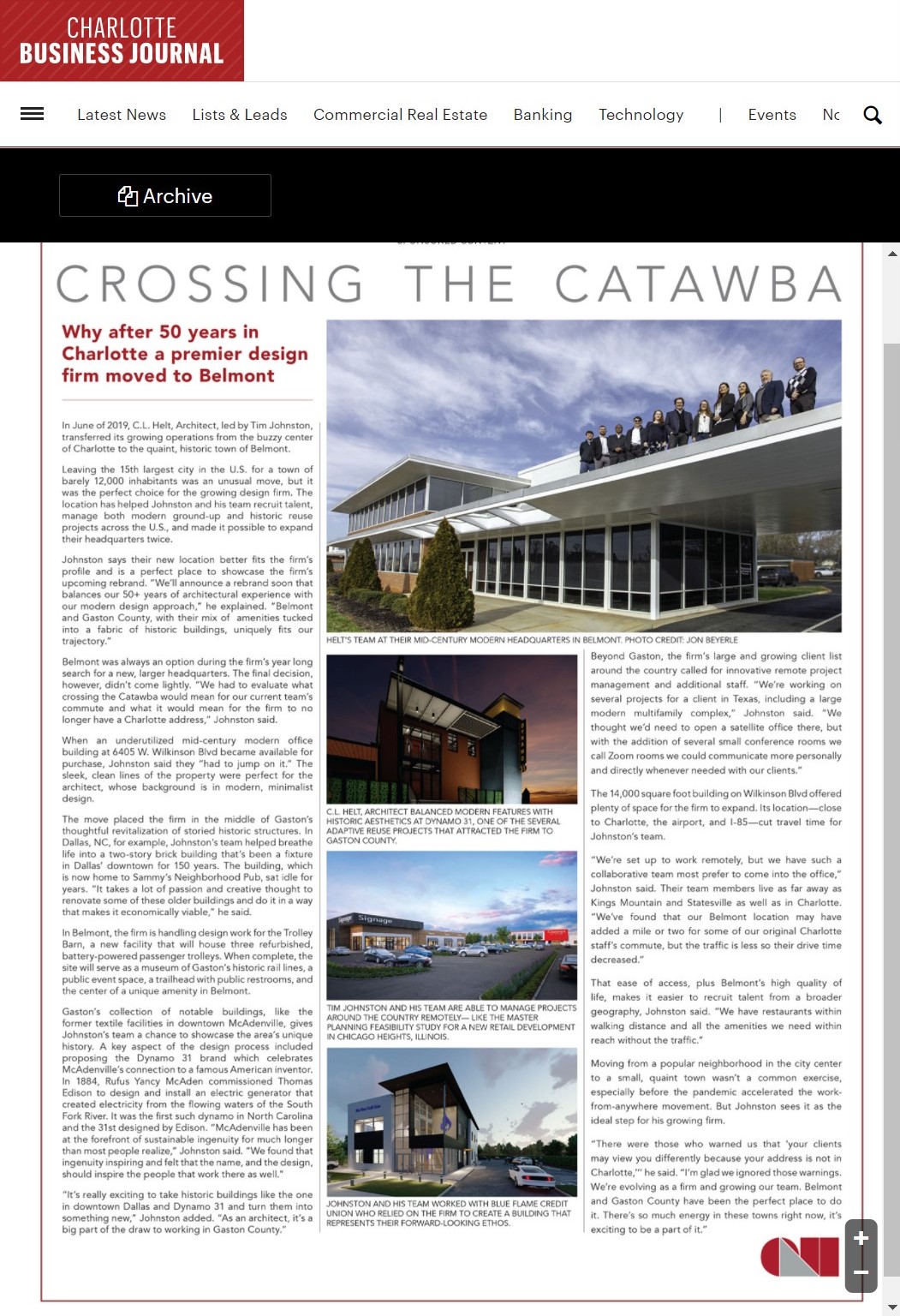 Helt Modern Architecture - Charlotte Business Journal Article - Crossing the Catawba